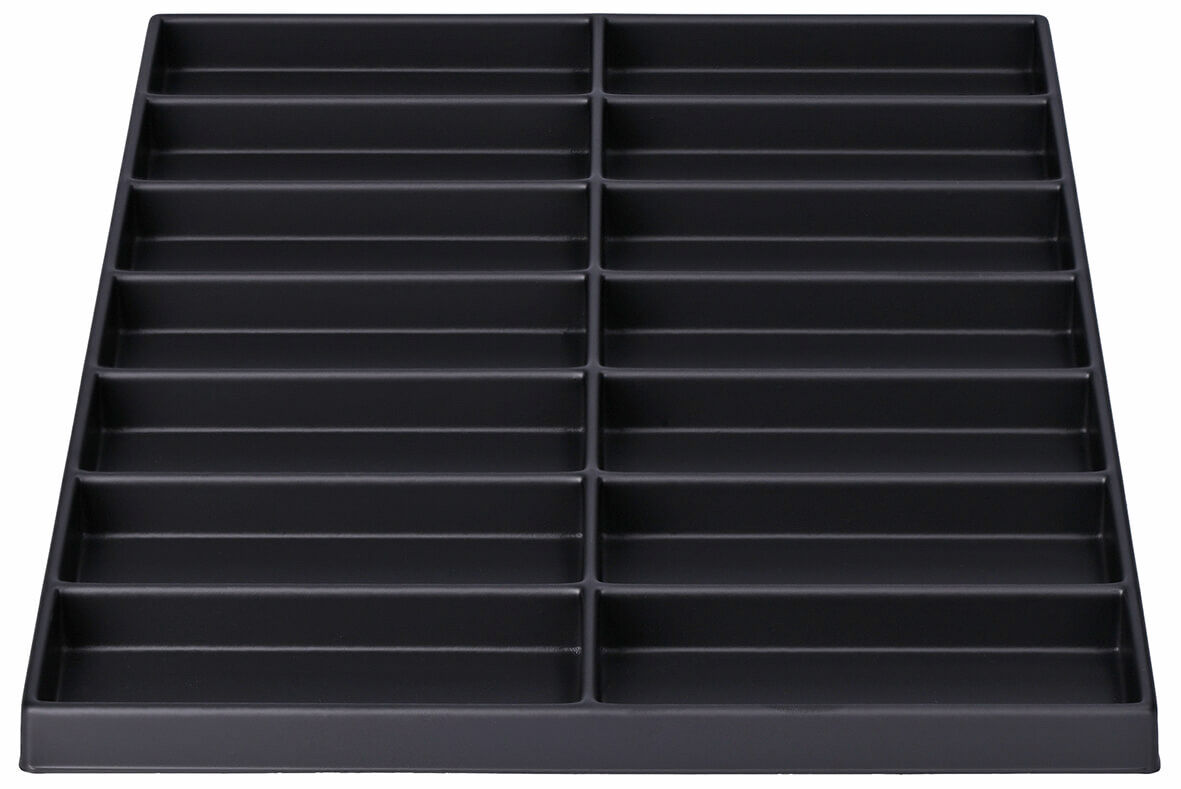 The image shows a flat, black storage box with several narrow compartments. The compartments are evenly arranged and provide space for organized storage of small items.