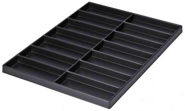 The image shows a rectangular, flat container with 16 square compartments arranged in two rows and eight columns. It is made of black material.