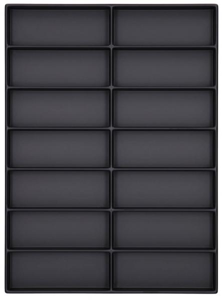 The image shows a rectangular, black tray, divided into 16 equally sized, flat compartments. The compartments are arranged geometrically, with 4 rows and 4 columns.