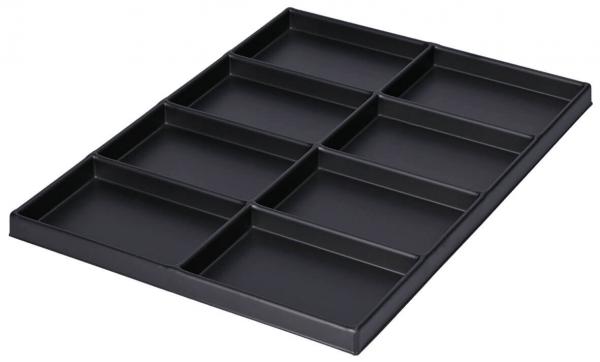 The image displays a black tray with nine rectangular compartments. It has a flat bottom and the walls are slightly raised, ensuring the compartments are well-separated.