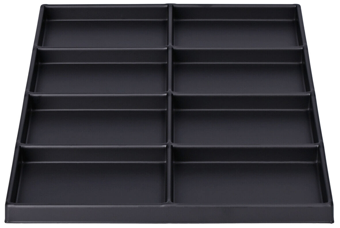 The image shows a black, rectangular tray with ten equally-sized compartments arranged in two rows. The compartments are shallow and suitable for storing small items.