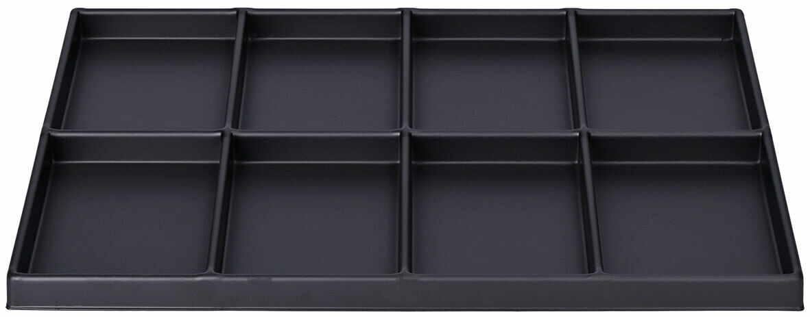 The image shows a black shelf with nine rectangular compartments that are evenly arranged. Each compartment is the same size and provides space for various items.