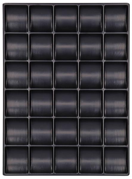 The image displays a rectangular grid with 36 identical black cups or containers, arranged in 6 rows and 6 columns. The surface is smooth and glossy.