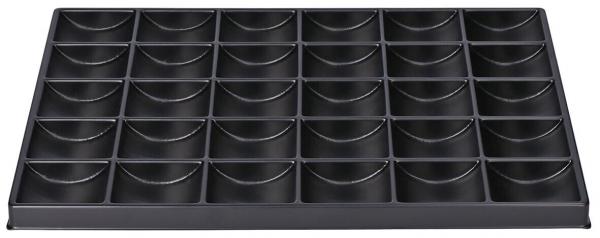 The image shows a rectangular black tray with 36 semi-circular indentations, arranged in a 6 x 6 grid. The indentations are evenly distributed and provide space for small objects.