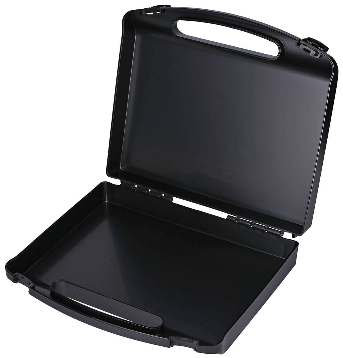 The image shows a black suitcase or briefcase. It is closed, has a handle on top, and a plain, smooth surface. Inside, it is empty and open.