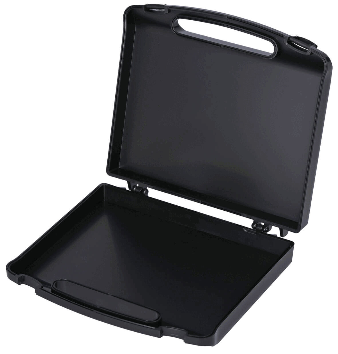 The image shows a black, plastic briefcase. It is open, has a simple handle, and a smooth interior surface without compartments. The briefcase appears functional and plain.