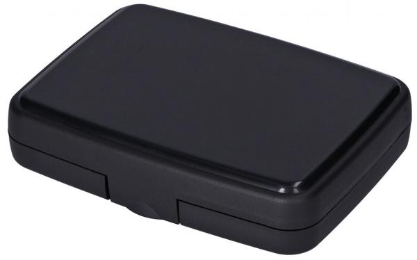 The image shows a rectangular, black plastic box with rounded edges. The box has a smooth surface and a flap that opens easily.