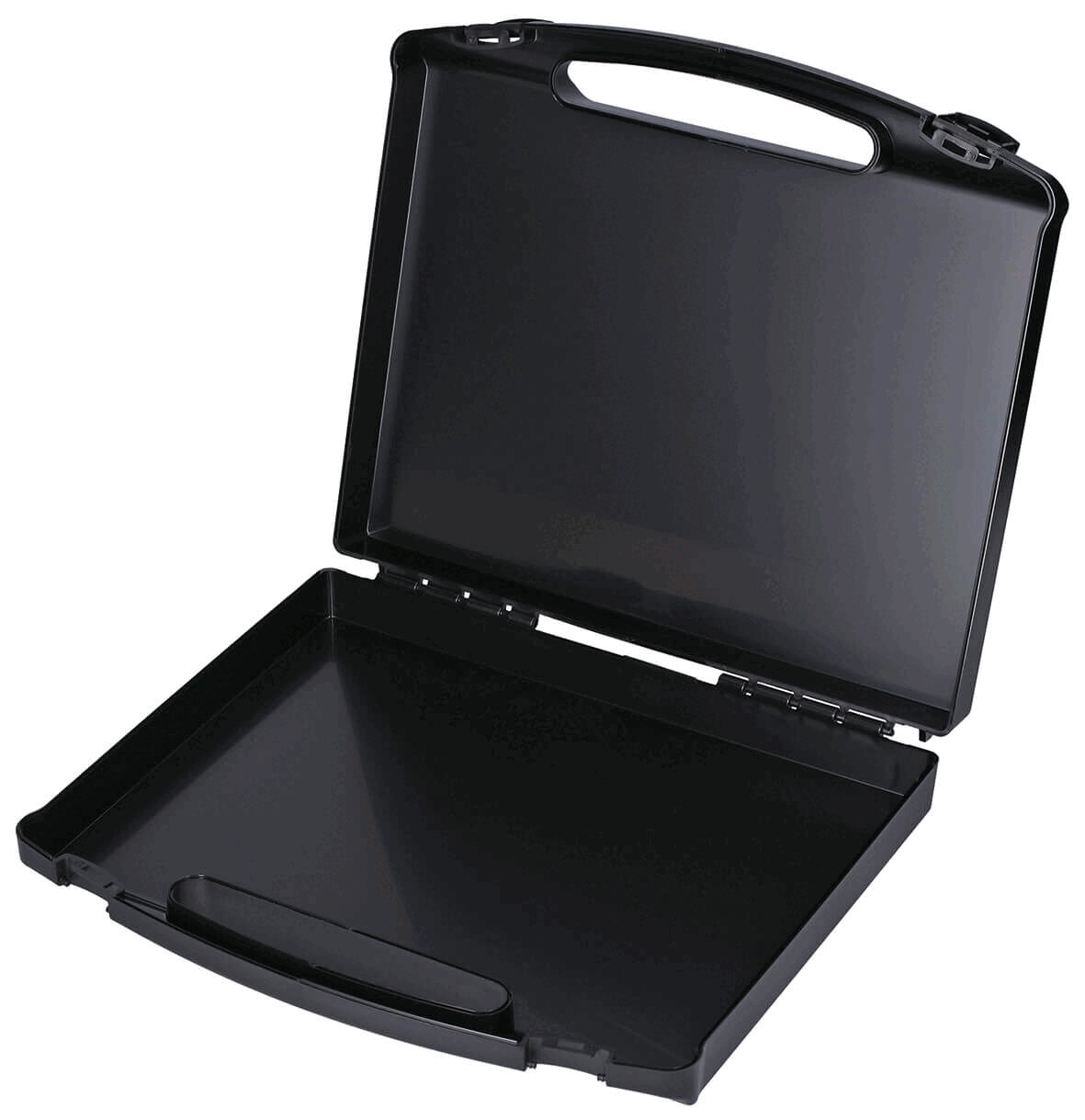 The image shows a black briefcase that is open. It has a flat, rectangular shape and a continuous handle. The interior is plain and without compartments.