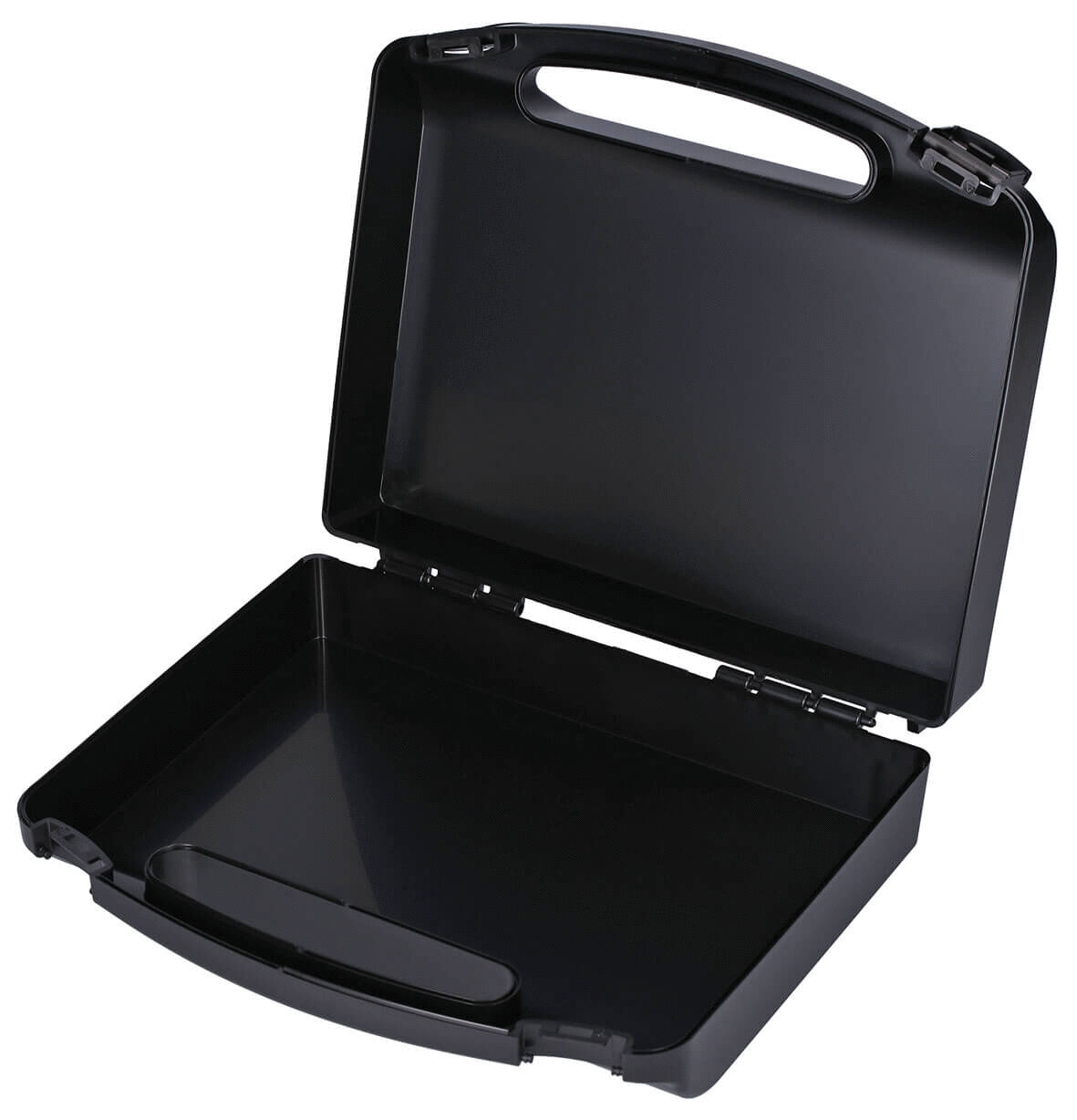 This is a black, rectangular briefcase with an open lid. It has a handle and a flat interior without compartments, ideal for transporting documents or other items.