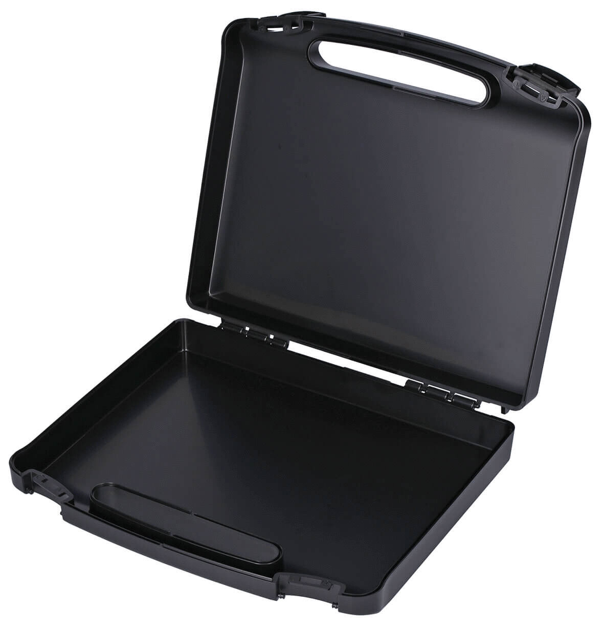 The image shows an opened, black briefcase. It has a sturdy handle and a hinge closure. The interior is empty and provides space for documents or other items.