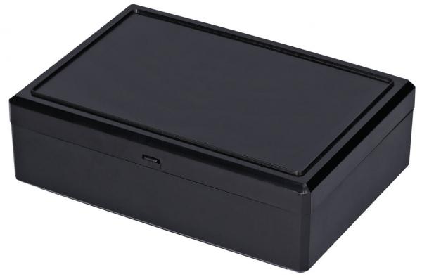 The image shows a rectangular, black plastic box. It features a flat lid and a smooth surface that slightly shines. The box appears simple and modern.