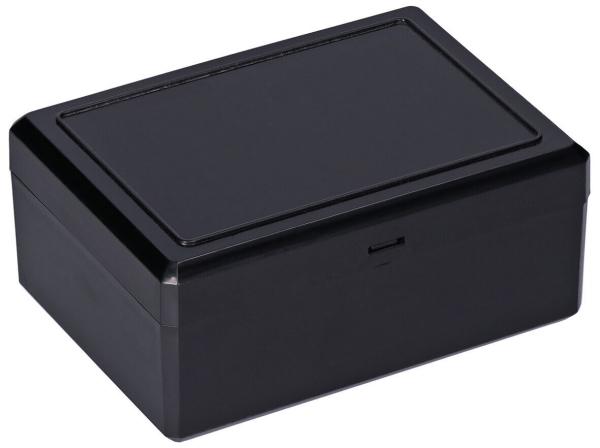 The image shows a rectangular, black box with a smooth lid. It has rounded corners and a plain, shiny surface. The box appears compact and sturdy.