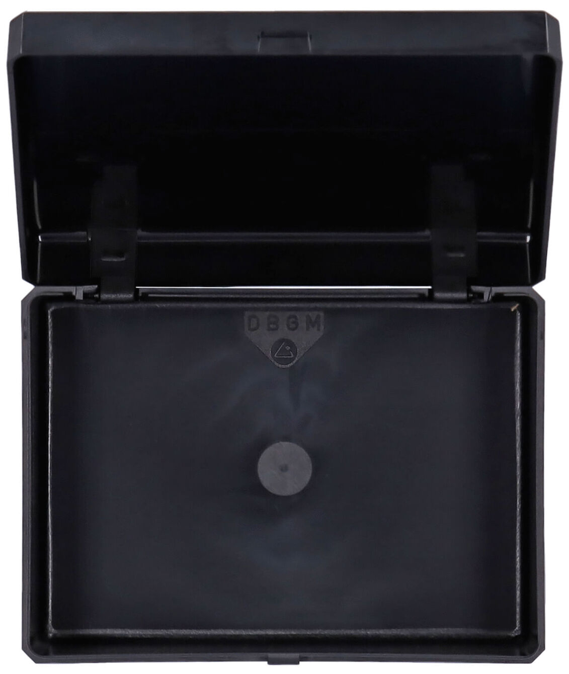 The image shows a black, rectangular box with a foldable lid that is open. Inside, the box is also black and has a small round button in the center.