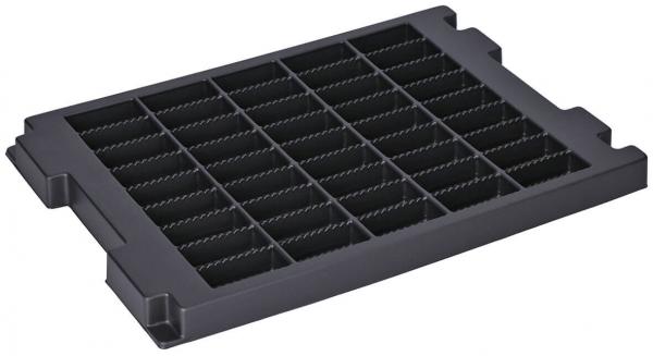 The image shows a black plastic plate with many small compartments arranged evenly in a rectangular pattern. It is flat and has a smooth surface.