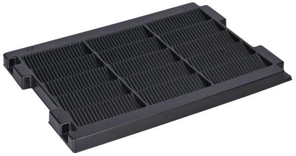 The image displays a rectangular, flat filter made of black plastic. The surface is grooved and divided into several vertical sections. The filter has small protrusions at the corners.