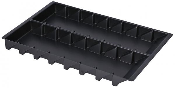 The image displays a rectangular, black tray with multiple compartments. It features a divider on one side that creates different sections for storage.