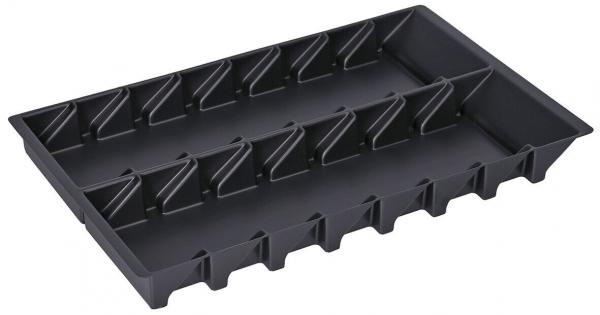 The image shows a rectangular, black storage tray with several narrow compartments. Each compartment has an upward-curved divider, ideal for organizing small items.