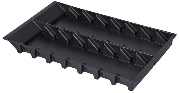 The image shows a rectangular, black plastic tray with several elongated, diagonal grooves. It is flat and has rounded edges on the sides.