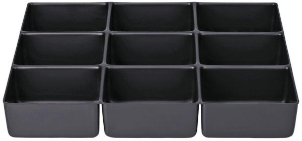 The image shows a black plastic organizer with nine square compartments, arranged in three rows and three columns. The compartments have straight edges and are uniform.