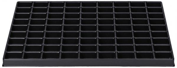 The image shows a black plastic tray with 48 uniform, rectangular compartments. The compartments are arranged in a grid and are used for storing small items.