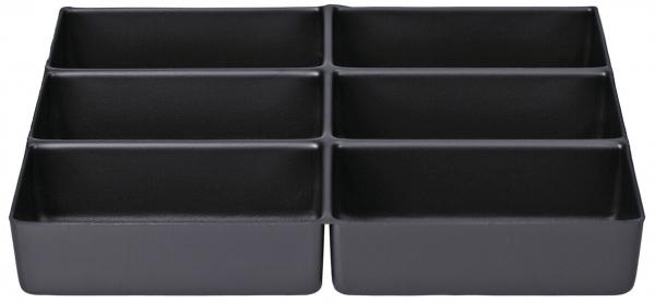 The image displays a black tray with six equally sized, rectangular compartments. The compartments are flat and textured. Suitable for organizing small items.