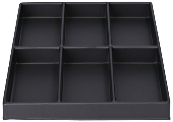 The image shows a rectangular, flat storage box in black, divided into nine equal compartments. The sides are slightly raised to contain the contents.