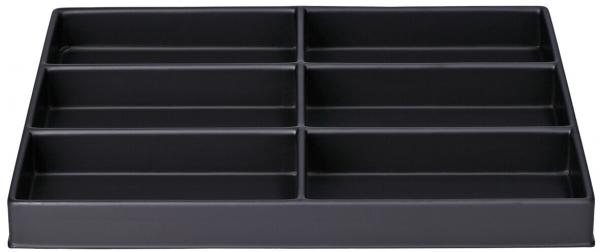 The image displays a flat, rectangular organizer with multiple compartments. It features four large and four smaller sections, all in matte black. Ideal for storing small items.