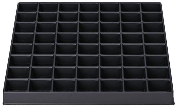 The image shows a square, black container with 64 small compartments in an 8x8 grid. The compartments are of equal size and are likely used for storing small items.