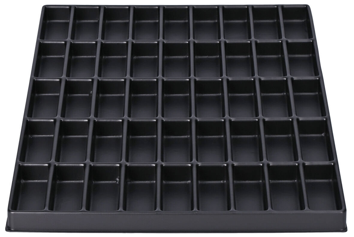 The image shows a square, black compartment with 64 small, uniform compartments. Each compartment is the same size and arranged in a grid.