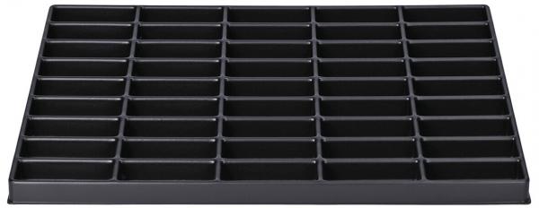 The image displays a black storage compartment with 36 small rectangular compartments, arranged in five rows. It has a flat, rectangular shape.