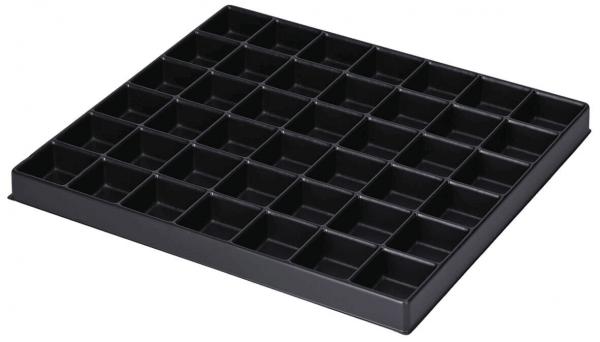 The image shows a black, square storage box with numerous small compartments. It has a total of 36 equally sized compartments in an organized grid.