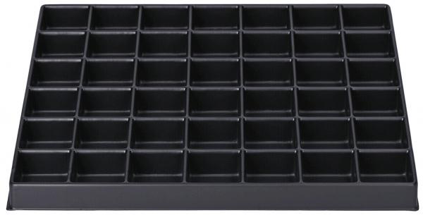 The image shows a black storage tray with 48 small, rectangular compartments, arranged in 6 rows and 8 columns. It has a flat bottom and a straight edge.