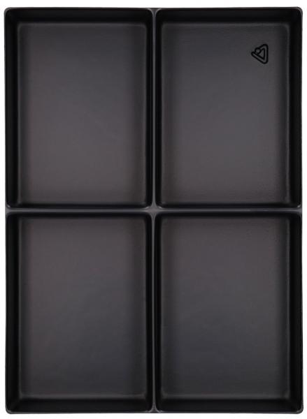 The image shows a square, black tray divided into four rectangular compartments. Each compartment has a flat, matte surface and a thin border. In one corner, there is a small, triangular symbol.