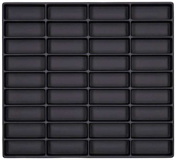 The image displays a square grid of rectangular, flat compartments. All compartments are evenly arranged and are black in color. There are a total of 48 compartments in 6 rows and 8 columns.