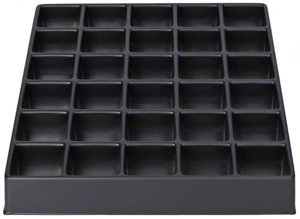 The image displays a rectangular, flat tray made of black plastic, divided into 36 small square compartments. The compartments are evenly arranged in six rows and six columns.