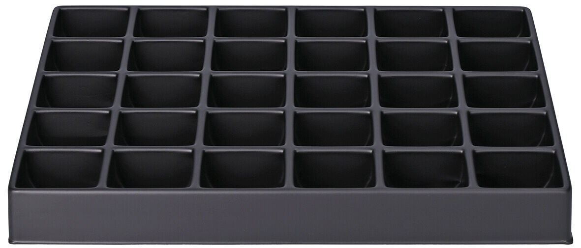 The image displays a rectangular, black storage tray with 36 smaller compartments. It has a flat shape and is used for organizing items. The compartments are evenly arranged.