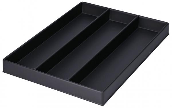 The image shows a black tray with three elongated compartments. It is flat and rectangular, ideal for sorting office supplies or cutlery. The walls are slightly raised.