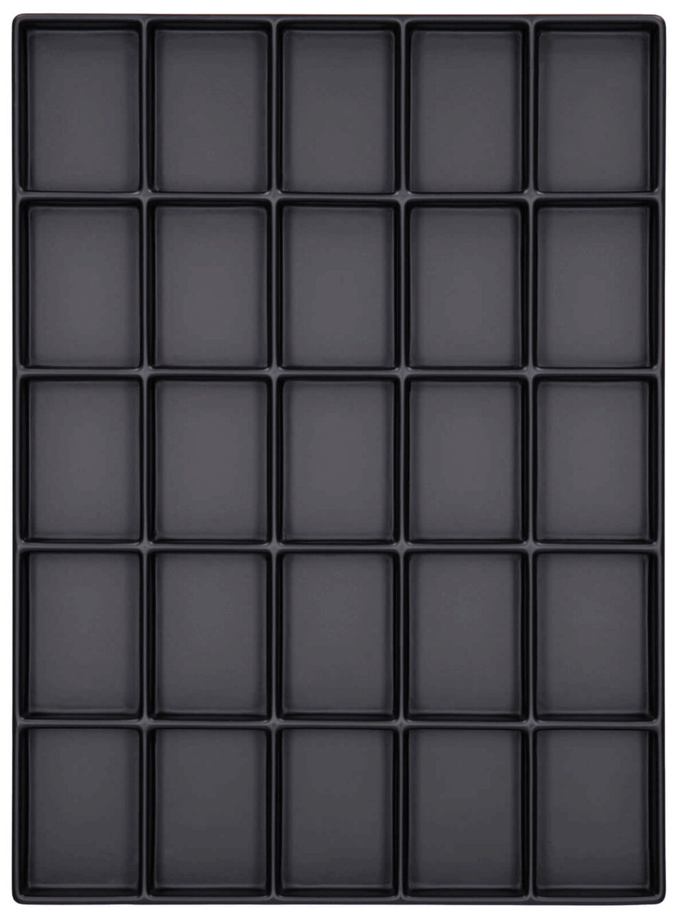 The image displays a rectangular, black tray with 24 evenly arranged indentations, set in a 6x4 grid. The indentations are rectangular and of equal size.