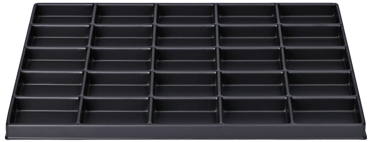 The image shows a rectangular, black tray with 32 compartments arranged in an 8x4 grid. Each compartment is slim and uniform, ideal for storing small items.