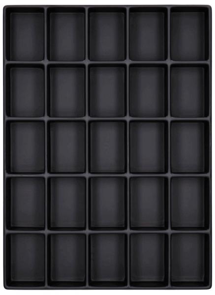 The image displays a black tray with 30 rectangular indentations, arranged in 6 rows and 5 columns. It has a smooth surface and is made from flexible material.