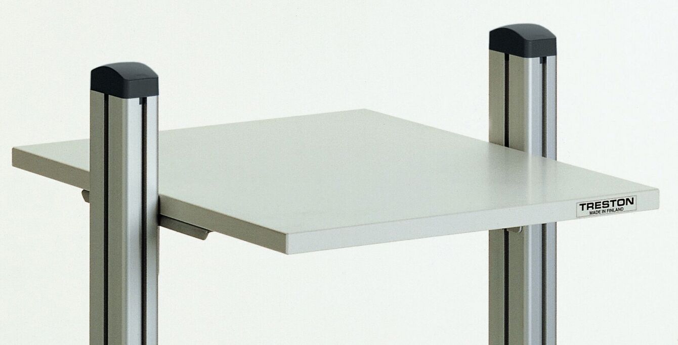 The image displays a gray, square tray with sturdy, silver legs. The corners of the legs are black. The background is light, giving the tray a modern and functional appearance.