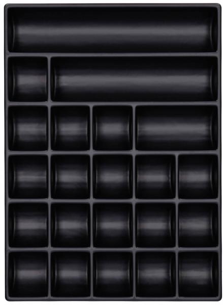 The image shows a black storage tray with multiple compartments. On top, there are three large, elongated compartments, while at the bottom, several small, round compartments are arranged.