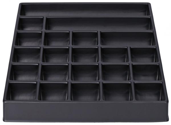 The image shows a black, square container with 24 small compartments. The compartments are evenly arranged and provide space for various items.