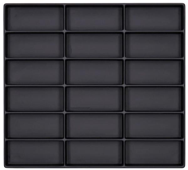 The image displays a square arrangement of 20 flat, rectangular compartments on a black surface. The compartments are evenly distributed and provide an organized, minimalist impression.