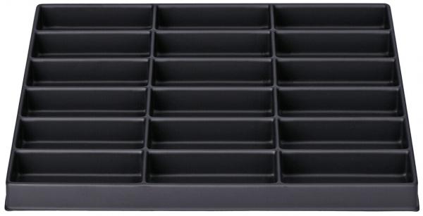 The image shows a black sorting system with 20 equally-sized rectangular compartments. It is flat and has a sturdy edge, ideal for organizing small items.