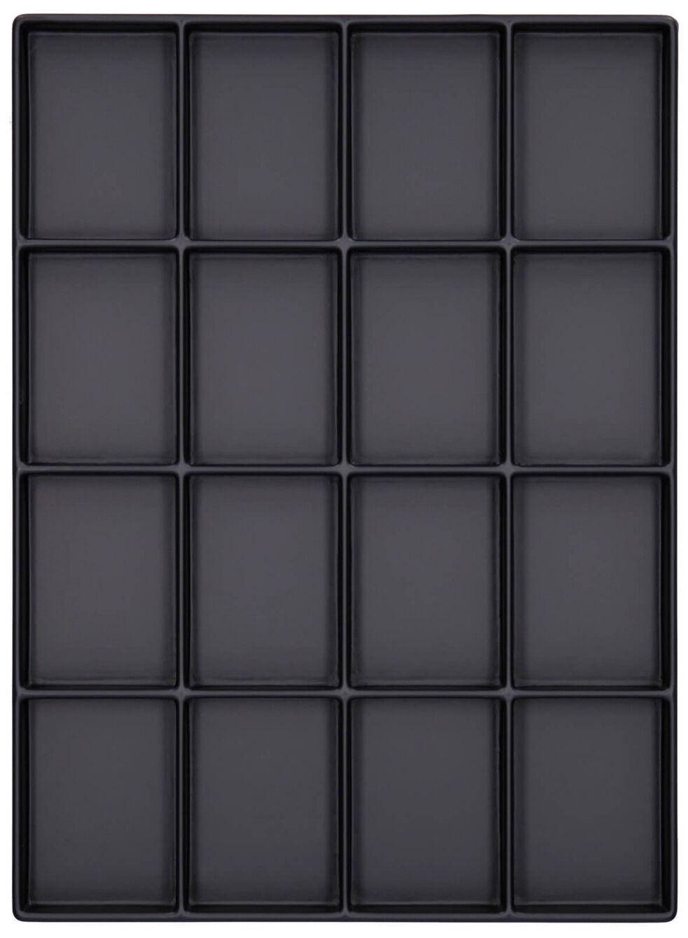 The image displays a flat, rectangular tray with a total of 16 equally-sized, rectangular compartments. The compartments are dark black and evenly arranged.