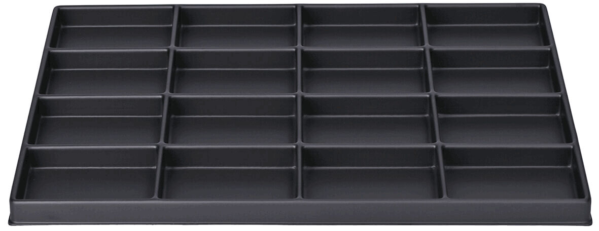 It is a flat, rectangular black tray with 24 uniform compartments. The compartments are spacious and are used for storing small items.