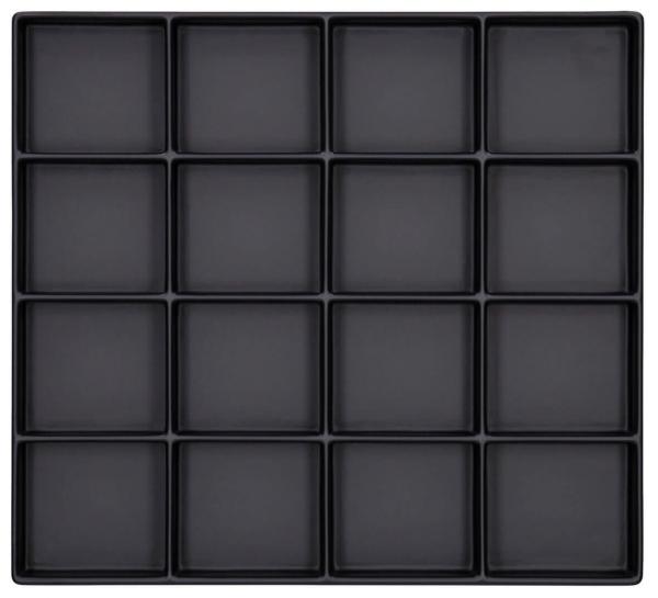 The image shows a square plate, divided into 16 equally sized, black, square compartments. The compartments are arranged in four rows and four columns.