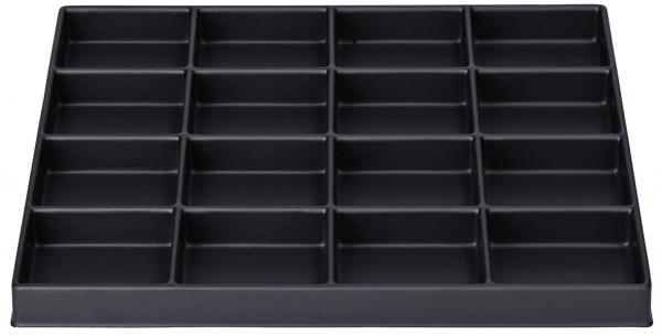 The image displays a black grid with 24 equal-sized rectangular compartments. It has a flat shape and is likely used for organizing or storing objects.