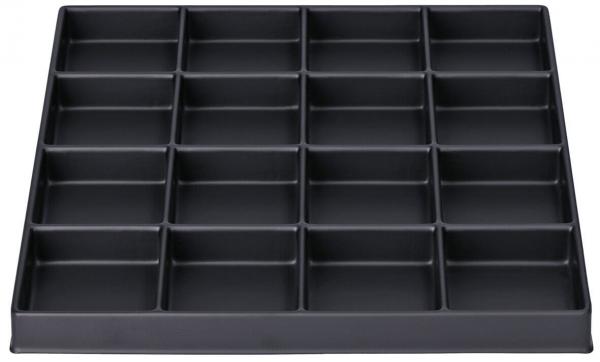 The image displays a black plastic organizing element with 20 equal-sized, square compartments. It has a flat, rectangular shape and is used for organizing items.